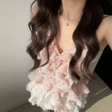 Pure Atmosphere Of The Hottie Pink Wave Dot Hanging Neck Top + White Ponbo Cake Skirt Temperament Sexy Two-Piece