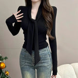 Autumn And Winter With Pure Temperament Tight Short V Tie With Long-Sleeved T-Shirt Slimy Sexy Top