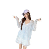 Korean Striped With Thin Tian Silk Sunscreen Knitted Women 2025 Summer New Loose V Collar Top Opener