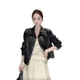 Small Man Collar Leather Women's Short Coat 2026 Spring Design Locomotive Pedal PU Leather Jacket Wind Coat