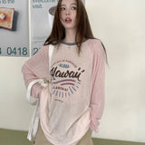 Letter-Print Long-Sleeved T-Shirt Women's Spring And Summer Thin Loose-Fitting Shoulder Sleeve Medium Long Sunscreen Top