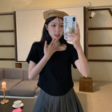 Positive Shoulder Short-Sleeved T-Shirt Women Simple Design Sense Of Summer Pure Wind Irregular Square Collar Showing Thin Sweet Short Blouse