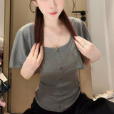 Temperament Gentle Wind Lotus Leaf Side U Collar Short-Sleeved T-Shirts Summer Pure Fashion To Close The Waist Thin Design Short Top