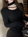 Small Design Hollowed Out Devet T-Shirt Girl Autumn New Pure Hot Girl Hanging Neck Thin Long Sleeve Top