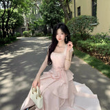 French Pink Layered Princess Cake Dress Temperament Folding Dress Beautiful Niche Design Dress