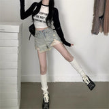 Vintage Water Wash Edge Hole Denim Shorts Women Summer New Hot Girls High-Waisted Wide-Legged Hot Pants