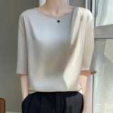 Silk Satin Paste Acetic Acid 2026 Spring And Summer New Women's Five-Sleeve Collar Loose T-Shirt Short-Sleeved Top