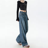 Vintage Blue Broad-Legged Scissors Jeans Women 2025 Autumn And Winter New High-Rise Loose Display Lean Straight Trousers