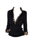Spice Leopard Print Splicing V-Neck Long-Sleeved T-Shirt For Women's Autumn And Winter New Body-Repair Shirts Ins