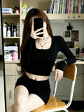 Pure Style Hottie Collar Long-Sleeved T-Shirt Girl Autumn And Winter Black Inside The Bottom Shirt Short Shirt On The Shoulder