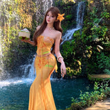 Tyrand Island Holiday Dopamine Long Skirt Yellow Strapped Tector-Meared Shirt Print Hip Skirt Two-Piece