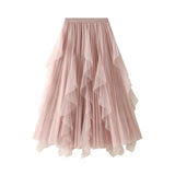 2025 Spring New High-Waisted Lotus Leaf Side Splicing Mesh Dress Half-Dress Woman's Long-Term Large Folding Skirt 0889