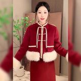 New Chinese Style Suit Retro Red New Year's Robe Limited Temperamental Jacket Half-Dress Two Sets