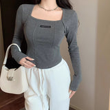 Design Sense Collar Fish Bone Shoulder Long Sleeve Bottom Shirt In Autumn New Korean Version Slim Thin Short Top