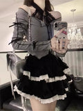 Sweet And Spicy Lace Hanging Neck T-Shirt For Women's Autumn Ballet Black Corduroy Short Skirt Blouse Ponn Cake Skirt Suit