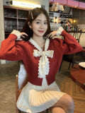 New Year Red Sweet Lace Sweater Coat Women Autumn And Winter Bow Tie With Open Shirt On Top