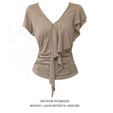 Fat MM Design Sense V-Neck Short-Sleeved T-Shirt Women's Summer New Asymmetric Lotus Leaf Edge Slim Slimming Temperament Blouse