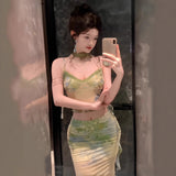 Vintage Style 2025 Summer Chinese Top Dress Set Print Sling Temperament Half-Dressed In Two Sets