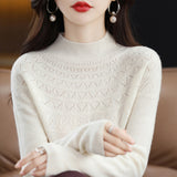 First-Line Ready-To-Wear Seamless Pure Wool 2026 Autumn And Winter New Women's Half-High Collar Hollow Short Bottom Knitted Sweater