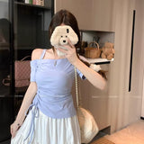 Design-Sense Collared Bare Shoulder Drawstring Top Women's Summer New Slimming Niche Small Collection Thin Short-Sleeved T-Shirt