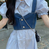 Fashion Suit Women's 2025 Summer Sweet Spicy Bubble Sleeve Shirt Dress Denim Vest Small Two-Piece Set