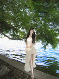 2025 Summer New French Holiday Rose Temperament Long Tail Sleeveless Atmosphere Slings Wave Dot Dress