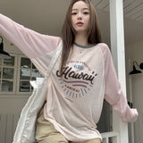 Letter-Print Long-Sleeved T-Shirt Women's Spring And Summer Thin Loose-Fitting Shoulder Sleeve Medium Long Sunscreen Top