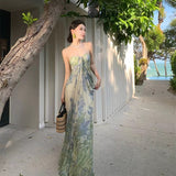 French Beauty Slings With A Dress Summer Fairy Mesh Print Temperament Lanky Seaside Holiday Dress