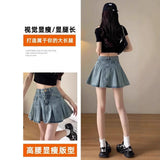 Cowboy 100 Folded Skirt Woman Summer High Waist Thin A Short Skirt Casual Anti-Walking Half Skirt Shading Skirt