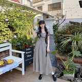 Large-Size Lattice Short-Sleeved Dress Women's Summer Waists Thin A-Word Dress Fat MM French Retro Wrinkled Skirt