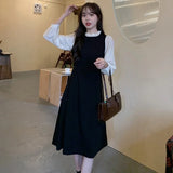 Fat MM Temperament Long Over-The-Knee Skirt Large Size Early Autumn French Retro Splicing Fake Two Waist Dress Woman