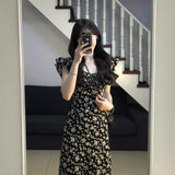 2026 Summer New Tea Break French Black Floral Dress Texture Feel Waist Women's Long Dress Women's Summer