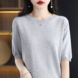 100% Cotton Sweating 2026 Spring And Summer New Round Collar Through Short T-Shirt Solid Five-Sleeve Temperament Knitted Shirt