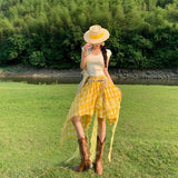 Sichuan Tourism Lace Splicing Yellow High-Waist Irregular Dress Women's Summer Design Sense Niche Holiday Style Dress