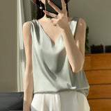 Silk Satin Sling 2026 Spring And Summer Women's New Body-Repair V-Neck Short Shoulder Broadband With Sling Vest