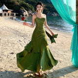 French Senior Birthday Party Dress Dress Light Luxury Small Toast Wine Red Folds Slings Fishtail Skirt