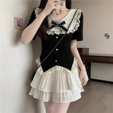 Summer Dress New Large-Size Fat Mm Female Pure Lust Lace Spliced Short-Sleeved Top Cut-Down Cake Skirt College Style Two Sets