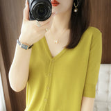 Ice Silk Breathable 2026 Spring And Summer New Women V Neck Thin Top Five-Sleeve Sleeve Sleeves Pure Color Temperament Knitted Shirt