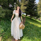 French Tea Break Collar Rags Bubble Sleeve Dress Women's Summer New Seaside Resort Wind Waist Long Skirt