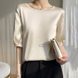 Airable Silk Satin 2026 Spring And Summer New Women's Round Collar Loose Solid Color Acetic Satin Noodles T-Shirt