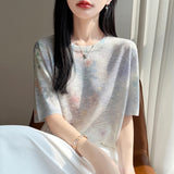 Bamboo Syringe 2026 Spring And Summer Women's New High-End Water-Soluble Printing Round Collar Knitting Short-Sleeved Loose Thin T-Shirt