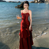 French Senior Birthday Party Dress Dress Light Luxury Small Toast Wine Red Folds Slings Fishtail Skirt