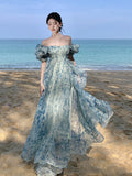 Beach Photo Tour Wearing Beach Dress Holiday Bohemian Fairy Dress Bubble Sleeve Dress Floral Dress