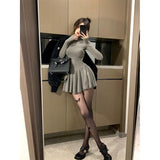 Pure Hot Girl High Collared Long-Sleeved Dress Women 2025 Autumn And Winter New Waist-Buffy Skirts Thin Skirt