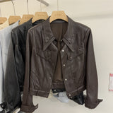 Small Man Collar Leather Women's Short Coat 2026 Spring Design Locomotive Pedal PU Leather Jacket Wind Coat