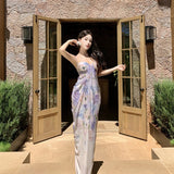 French Beauty Slings With A Dress Summer Fairy Mesh Print Temperament Lanky Seaside Holiday Dress