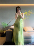 Seaside Holiday Wind Niche Chic Tie-Dye Dress Women Summer Green Fresh Temperament Dress Dress