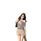Pure-Style Sweet Hottie Shoulder Hot Diamond Short-Sleeved T-Shirt Girl Summer New Design Slimming Top