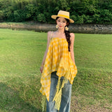 Sichuan Tourism Lace Splicing Yellow High-Waist Irregular Dress Women's Summer Design Sense Niche Holiday Style Dress
