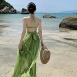 French Green Ribbon Sling Dress Woman Supine Yunnan Dali Thailand Seaside Beach Dress